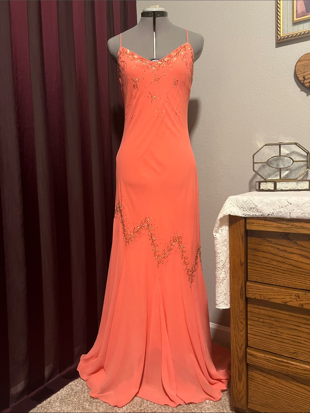 XSCAPE by Joanna Chen Flowy Beaded Formal Dress, Coral & Gold, Size 8